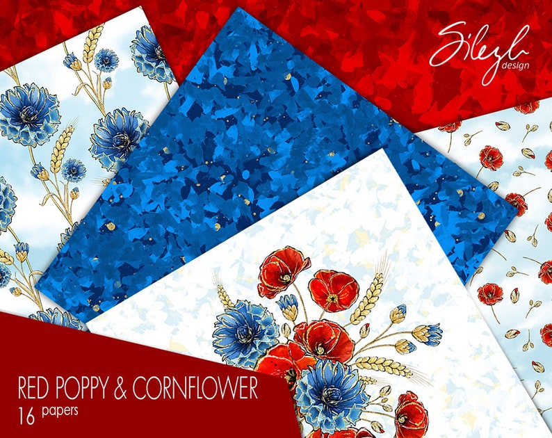 Digital Floral Paper, Red Poppies Digital Papers, Cornflower Papers, Floral Seamless Patterns, Wild Flower Paper,Scrapbooking, Planner Paper image 4