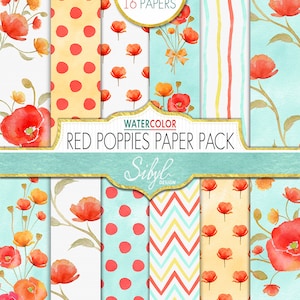 Carta digitale floreale, carta digitale con fiori di papavero rosso, foglio di collage floreale primaverile, carte floreali acquerellabili, carta con papaveri rossi, STAMPABILE