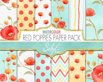 Floral Digital Paper, Red Poppy Flower Digital Paper, Spring Floral Collage Sheet, Watercolor Floral Papers, Red Poppies Paper, PRINTABLE