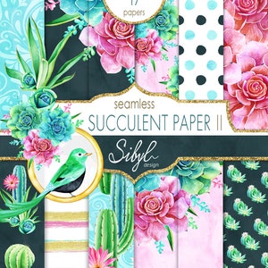 Digitales Blumen Papier, Aquarell Sukkulenten Papiere II, Digitales Kaktus Muster, Botanisches Grün, Wüsten Kakteen, Planer Papiere