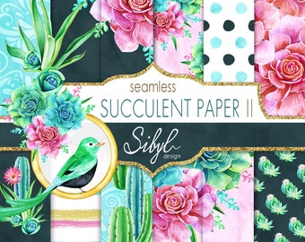 Digital Floral Paper, Watercolor Succulent Papers II, Digital Cactus Seamless Pattern, Botanical Greenery, Desert cacti, Planner Papers