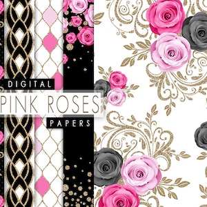 Floral Digital Paper, Pink Roses Seamless Paper Pack, Digital Roses Paper, Pink Flowers Pattern, Glitter Floral Paper, Scrapbooking Papers