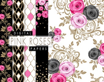 Floral Digital Papier, Rosa Rosen Nahtlose Papier Pack, Digitale Rosen Papier, Rosa Blumen Muster, Glitter Blumenpapier, Scrapbooking Papiere