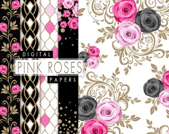 Floral Digital Paper, Pink Roses Seamless Paper Pack, Digital Roses Paper, Pink Flowers Pattern, Glitter Floral Paper, Scrapbooking Papers