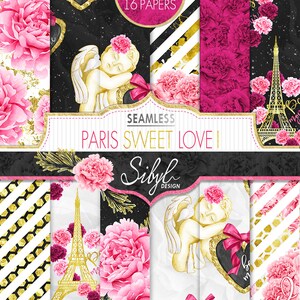 Papeles digitales sin costuras para San Valentín, papel romántico de acuarela, paquete de papel de amor, hoja de collage Bonjour Paris, Torre Eiffel, papeles románticos