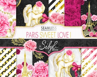 Seamless Valentine Digital Papers, Watercolor Romantic Paper, Love Paper Pack, Bonjour Paris Collage Sheet, Eiffel Tower, Romantic Papers