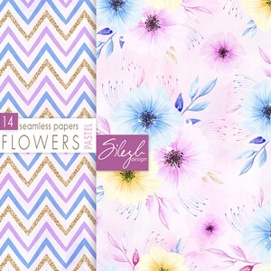 Digital Watercolor Floral Paper, Pastel Flowers Digital Paper, Watercolor Floral Seamless Pattern, Flowers Collage Sheets, Printable Paper image 4