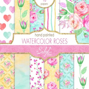 Digitales Aquarell Blumen Papier Pack, Aquarell Rosen Digital Papier, Aquarell Blumen Collage Sheet, Rose Handgemaltes bedruckbares Papier