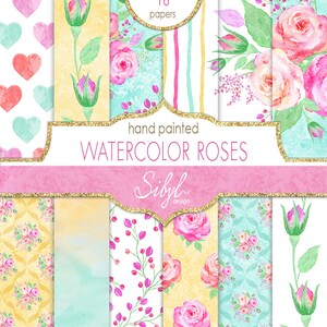 Digital Watercolor Floral Paper Pack, Watercolor Roses Digital Paper, Watercolor Floral Collage Sheet, Rose Hand Painted Printable Paper