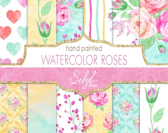 Paquete de papel floral de acuarela digital, papel digital de rosas de acuarela, hoja de collage floral de acuarela, papel imprimible pintado a mano de rosa