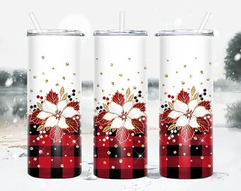 Christmas 20oz Skinny Tumbler Designs Wrap, Red Buffalo Plaid PNG Sublimation Seamless Designs,Glitter Flowers Tumbler Sublimation Template