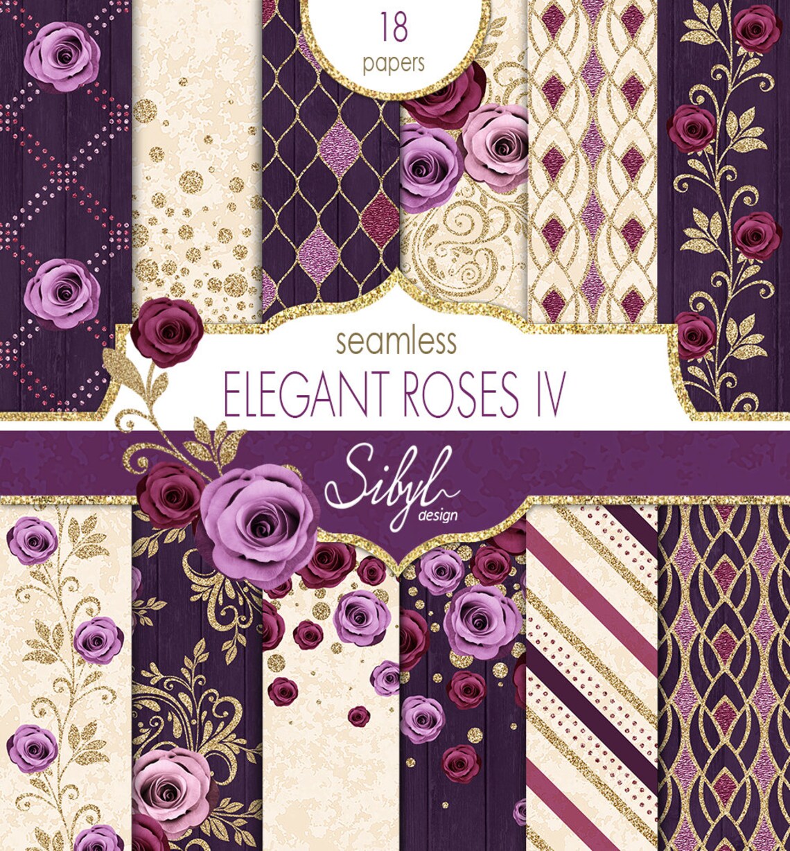 Floral Digital Paper Purple Roses Seamless Pattern Autumn | Etsy