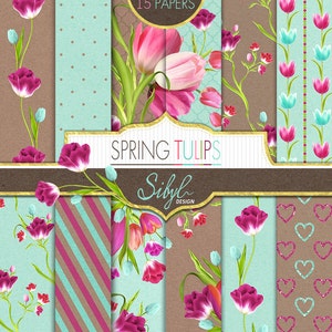 Frühling Floral Digital Papiere, Tulpenblüte Digital Papier, Petrol & Lila Blumen Papier, Lila Tulpe Digital Scrapbooking, Tulip Printable