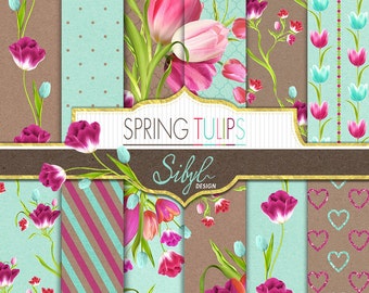 Spring Floral Digital Papers, Tulip Blossom Digital Paper, Teal & Purple Floral Paper, Purple Tulip Digital Scrapbooking, Tulip Printable