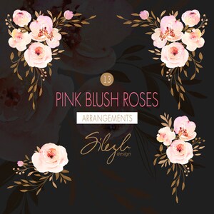 May include: A digital illustration of 13 watercolor arrangements of pink blush roses with gold leaves. The text "Pink Blush Roses" and "Arrangements" is displayed in the center of the image. The text "Sileyh design" is displayed in the bottom center of the image.