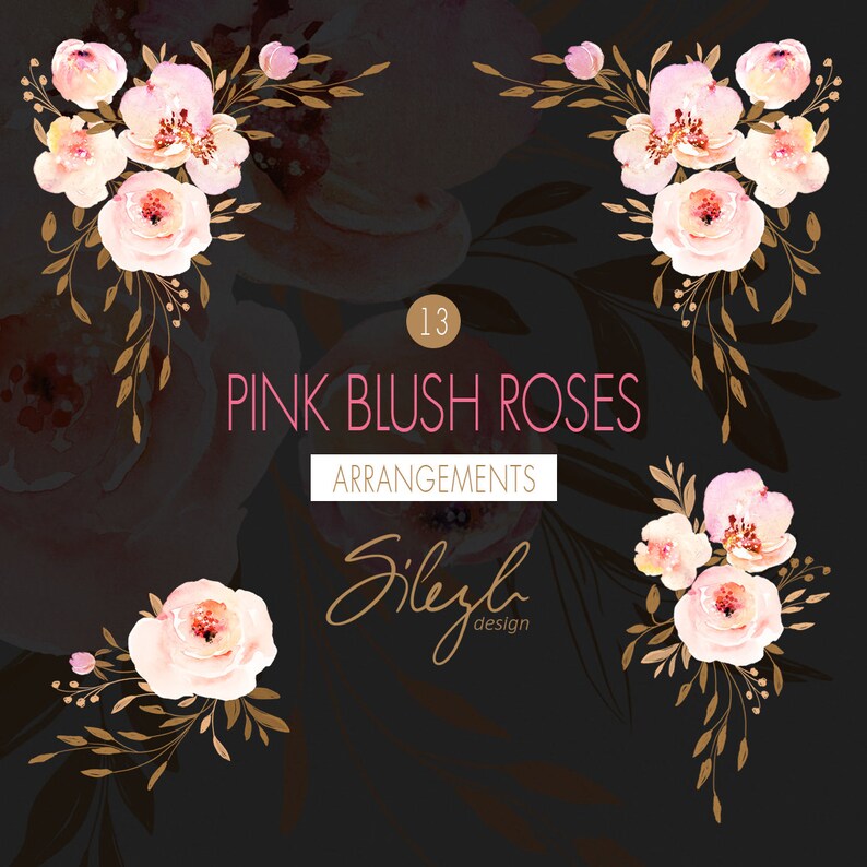 May include: A digital illustration of 13 watercolor arrangements of pink blush roses with gold leaves. The text "Pink Blush Roses" and "Arrangements" is displayed in the center of the image. The text "Sileyh design" is displayed in the bottom center of the image.