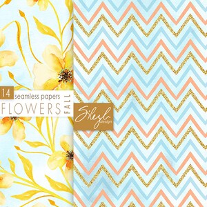 May include: A digital paper pack with 14 seamless patterns. The first pattern features yellow watercolor flowers on a light blue background. The second pattern features a chevron pattern with blue, peach, and gold glitter accents.