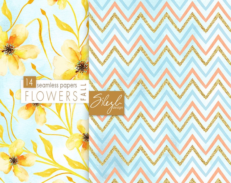 May include: A digital paper pack with 14 seamless patterns. The first pattern features yellow watercolor flowers on a light blue background. The second pattern features a chevron pattern with blue, peach, and gold glitter accents.