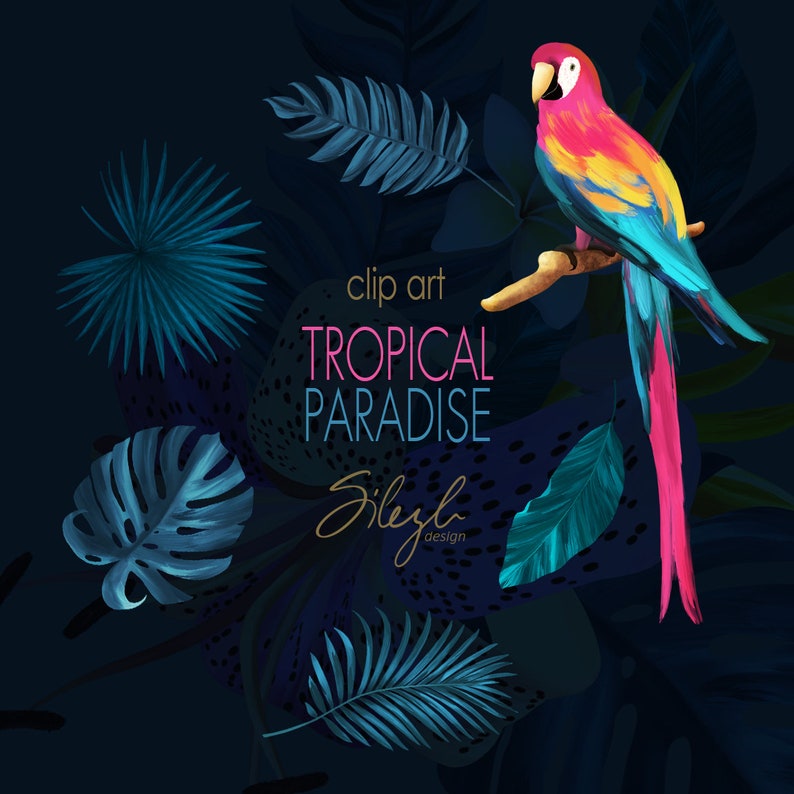 May include: Clip art illustration of a tropical paradise with a parrot, palm leaves, and the text "clip art TROPICAL PARADISE Sizyla design".