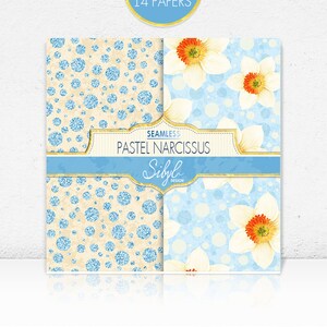 K&ouml;nnte beinhalten: Zwei digitale Papierdesigns mit einem pastellblauen und wei&szlig;en Polka-Dot-Muster und einer wei&szlig;en Narzissenblume auf pastellblauem Hintergrund. Der Text "Seamless Pastel Narcissus Sibyl Design" befindet sich auf dem Bild.