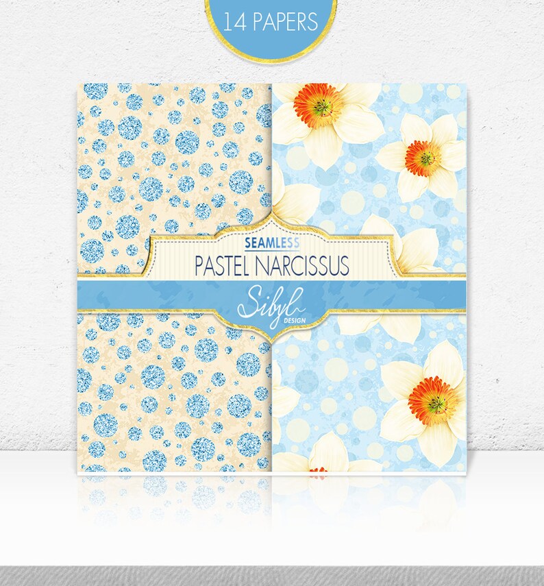K&ouml;nnte beinhalten: Zwei digitale Papierdesigns mit einem pastellblauen und wei&szlig;en Polka-Dot-Muster und einer wei&szlig;en Narzissenblume auf pastellblauem Hintergrund. Der Text "Seamless Pastel Narcissus Sibyl Design" befindet sich auf dem Bild.