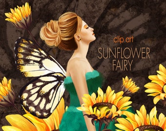 Digital Sunflower Clip Art, Autumn Clip Art, Fairy Clip Art, Digital Fairies and Butterflies Clipart, Fall PNG, Fall clipart, Hand Painted