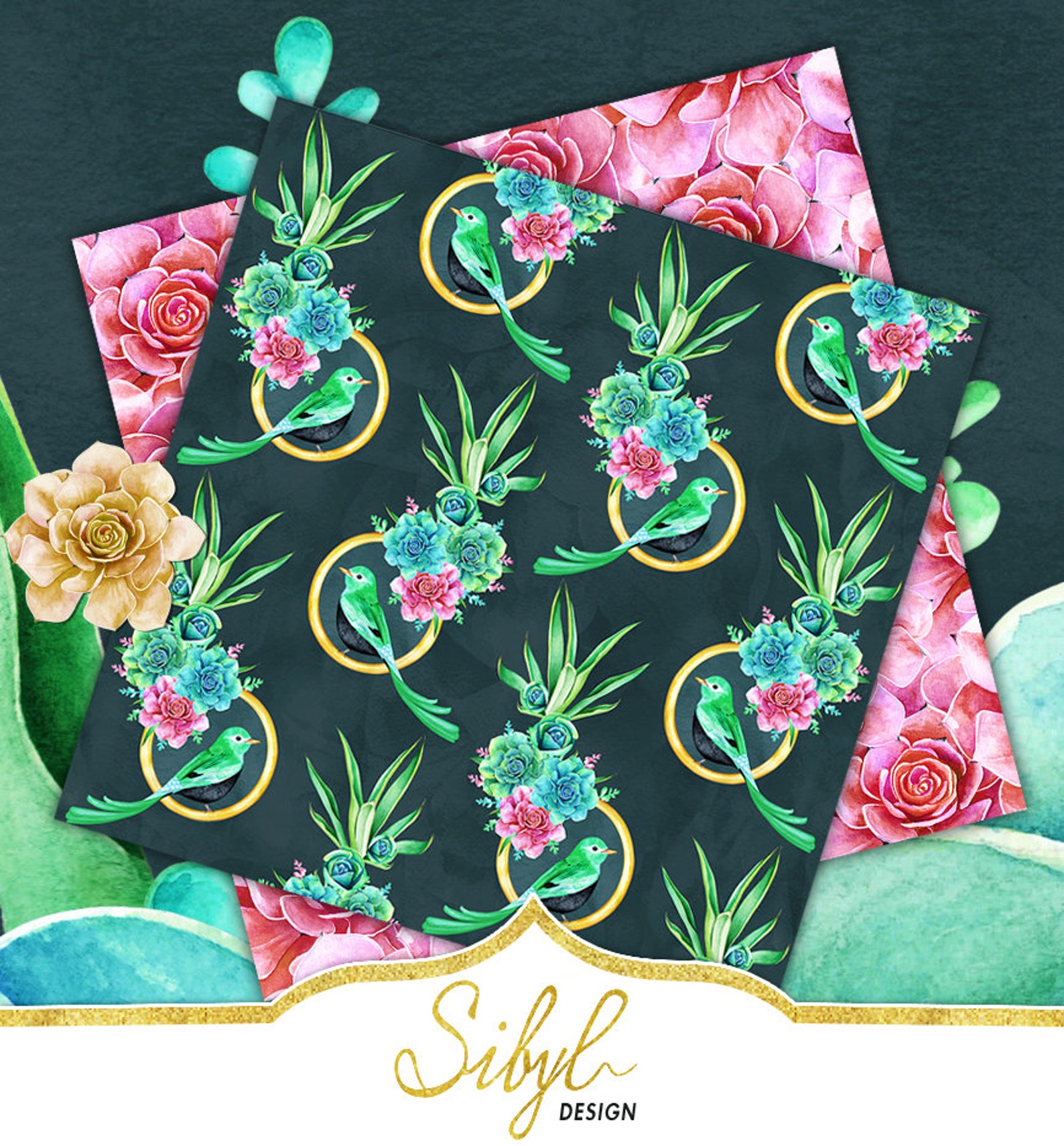 Digital Floral Paper, Watercolor Succulent Papers II, Digital Cactus ...
