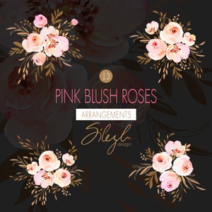 May include: A set of 13 watercolor illustrations featuring pink blush roses with gold accents. The illustrations are arranged in bouquets and are perfect for creating wedding invitations, greeting cards, or other digital designs.