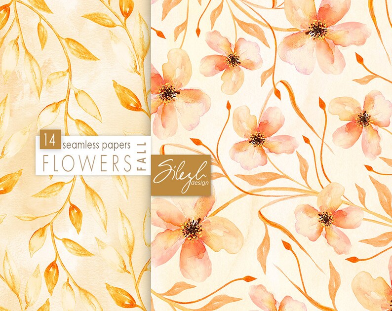 Digital Watercolor Floral Paper, Fall Flowers Paper Pack, Watercolor Floral Seamless Pattern, Flowers Hand Painted Paper image 3