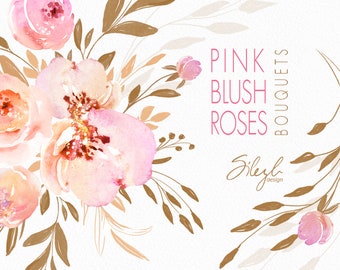 Pink Blush Watercolor Flowers Clipart, Blush Roses Bouquets Wreath, Nursery Flowers Decor, Floral Clip Art, Floral Ornaments, Flowers PNG