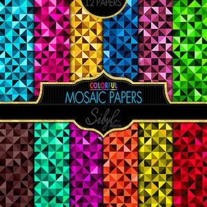 Geometryczny papier cyfrowy, papier do scrapbookingu mozaikowego, tło mozaikowe, kolorowe wzory mozaikowe, arkusz kolażu cyfrowej mozaiki, druk mozaikowy
