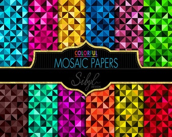 Geometric Digital Paper, Mosaic Scrapbook Paper, Mosaic Background, Colorful Mosaic Patterns, Digital Mosaic Collage Sheet, Mosaic Printable