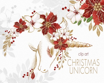 Weihnachten Einhorn Clipart, Magisches Einhorn Clip Art, Urlaub Einhorn Weihnachten Tier Clipart, Gold Glitter Digitales Einhorn PNG, Weihnachten Clipart