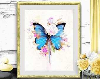 Printable Art Watercolor Wall Decor, Butterflies and Roses Print Wall Decor, Digital Print Butterfly, Abstract Watercolor Flowers Wall Art