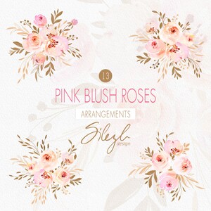 May include: A set of 13 watercolor illustrations of pink blush roses with gold accents. The illustrations are perfect for creating invitations, cards, and other paper crafts.