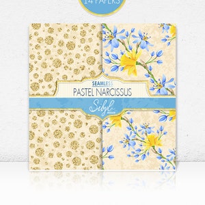 K&ouml;nnte beinhalten: Zwei digitale Papierdesigns. Eines zeigt ein goldfarbenes Glitzer-Polka-Dot-Muster auf cremefarbenem Hintergrund. Das andere zeigt ein Blumenmuster mit blauen und gelben Blumen auf cremefarbenem Hintergrund. Der Text "Seamless Pastel Narcissus Sibyl Design" befindet sich auf einem blauen und goldenen Banner.