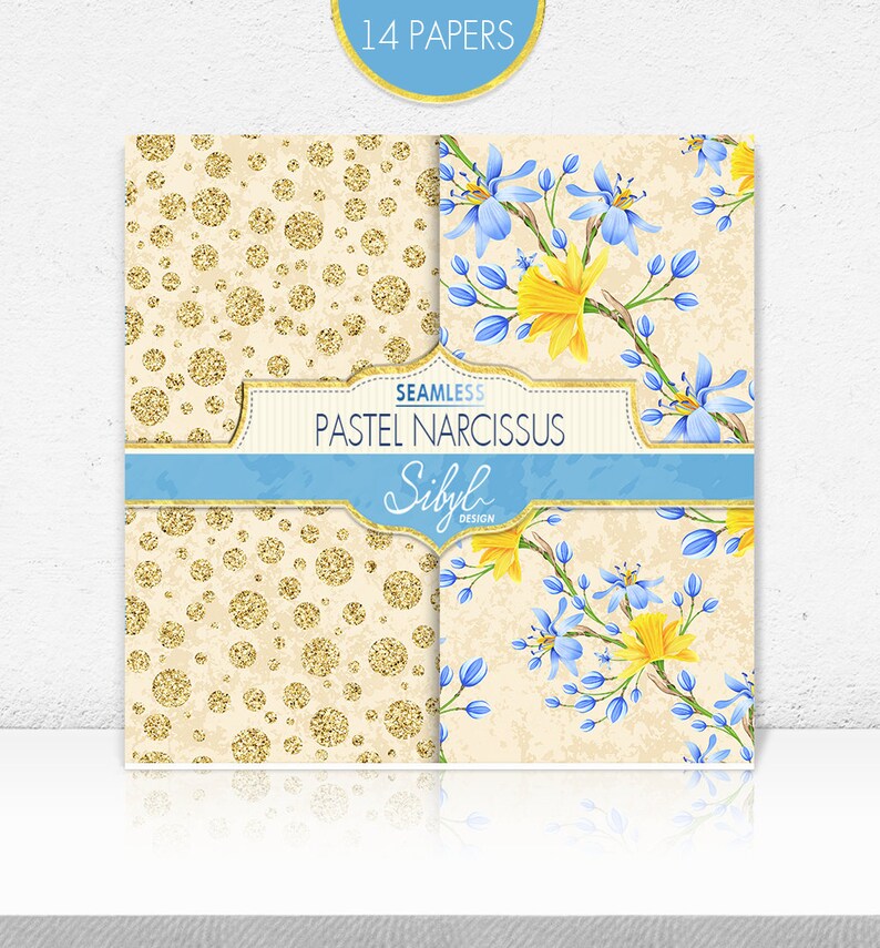 K&ouml;nnte beinhalten: Zwei digitale Papierdesigns. Eines zeigt ein goldfarbenes Glitzer-Polka-Dot-Muster auf cremefarbenem Hintergrund. Das andere zeigt ein Blumenmuster mit blauen und gelben Blumen auf cremefarbenem Hintergrund. Der Text "Seamless Pastel Narcissus Sibyl Design" befindet sich auf einem blauen und goldenen Banner.