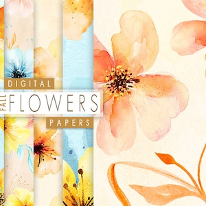 May include: A set of four digital paper designs featuring watercolor illustrations of fall flowers in shades of yellow, orange, and pink. The papers are perfect for crafting, scrapbooking, and other creative projects.
