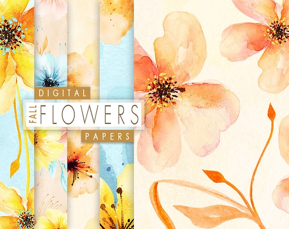 Digital Watercolor Floral Paper, Fall Flowers Paper Pack, Watercolor Floral Seamless Pattern, Flowers Hand Painted Paper
