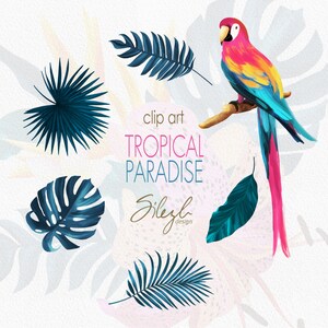 May include: Clip art illustration of a tropical paradise with a parrot, palm leaves, and the text "clip art TROPICAL PARADISE  Silezy design".