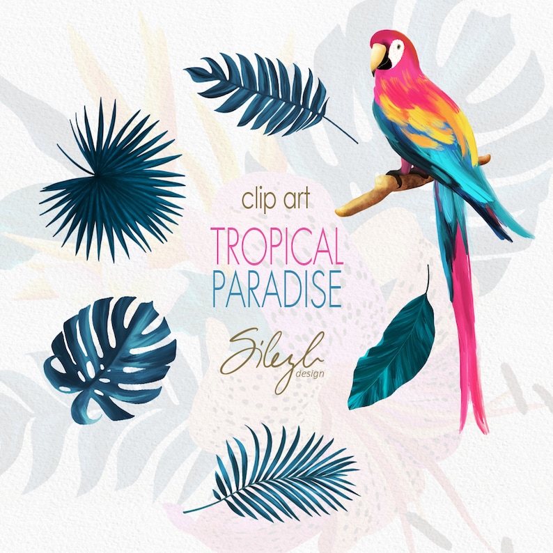 May include: Clip art illustration of a tropical paradise with a parrot, palm leaves, and the text "clip art TROPICAL PARADISE  Silezy design".