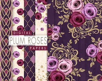 Floral Digital Paper, Purple Roses Seamless Pattern, Autumn Roses Paper, Plum Roses Collage, Gold Glitter Floral Papers, Fall Digital Papers
