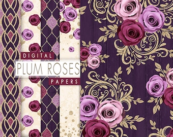 Floral Digital Paper, Purple Roses Seamless Pattern, Autumn Roses Paper, Plum Roses Collage, Gold Glitter Floral Papers, Fall Digital Papers