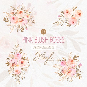 May include: A set of 13 watercolor illustrations of pink blush roses with gold accents. The illustrations are perfect for creating invitations, cards, and other paper crafts.