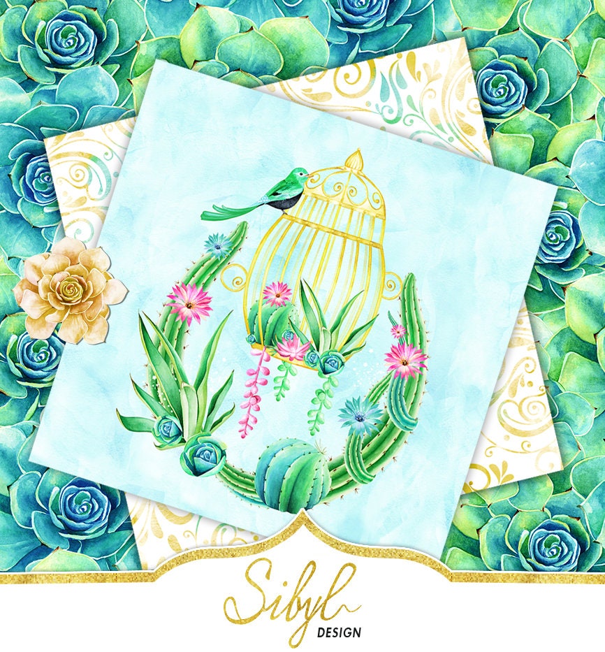 Digital Cactus Paper Watercolor Succulent Papers Seamless | Etsy