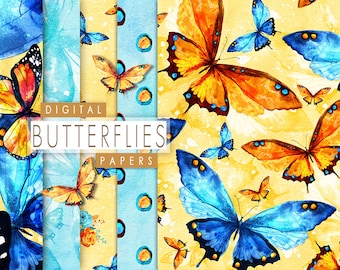 Watercolor Butterflies Paper Pack, Digital Seamless Pattern, Blue Butterfly Papers, Scrapbook Butterflies, Flower Papers, Hand Painted Paper