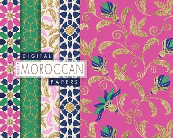 Digital Moroccan Paper Pack, Moroccan Mosaic Seamless Pattern, Geometric Digital Paper, Ethnic Seemless, Oriental Fuchsia Glitter Pattern