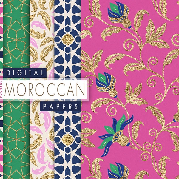Digital Moroccan Paper Pack, Moroccan Mosaic Seamless Pattern, Geometric Digital Paper, Ethnic Seemless, Oriental Fuchsia Glitter Pattern