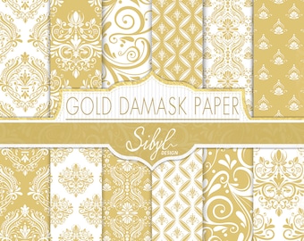 Damask Digital Paper, Gold Damask Wedding Digital Paper, Gold and White Damask, Damask Craft Paper, Damask Scrapbook paper, Planner Paper