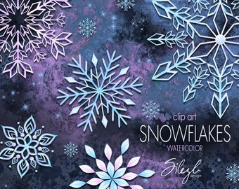 Digital Christmas Clipart, Watercolor Snowflakes Clipart, Watercolor Blue Flake Winter Clipart, Snow Holiday Clipart, Flake Hand Painted DIY